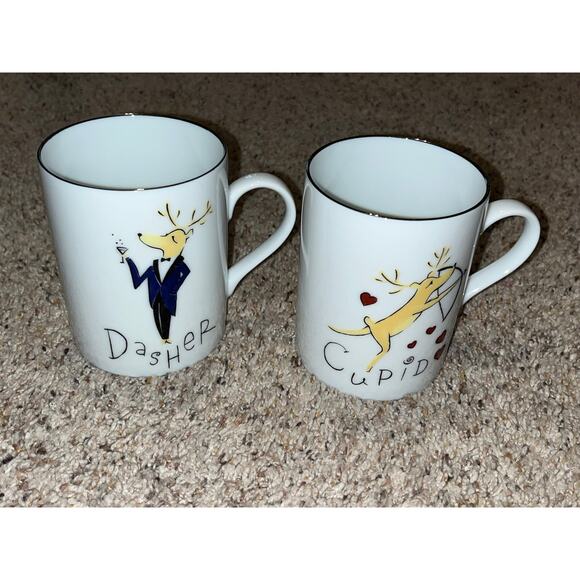 POTTERY BARN Reindeer  Christmas Mugs Dasher Cupid Platinum Rim Discontinued - Picture 1 of 5